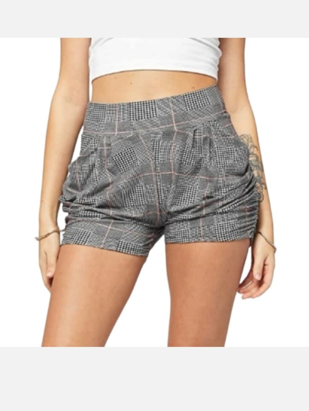 Soft High Waisted Harem Shorts w/ Pockets Houndstooth Check Plaid Stretchy